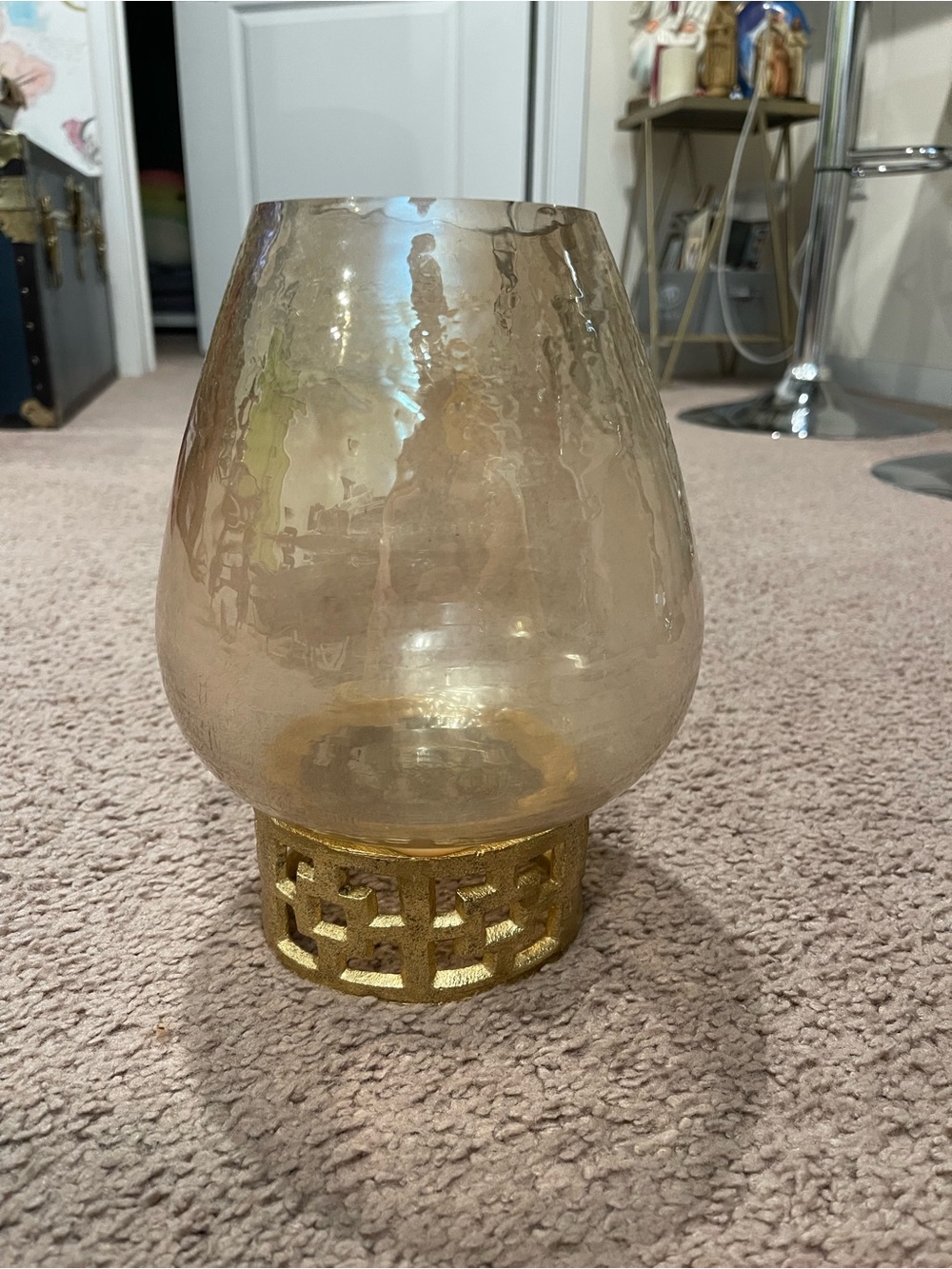 Vintage Hammered Glass Candle Holder Gold-Tone Metal Base